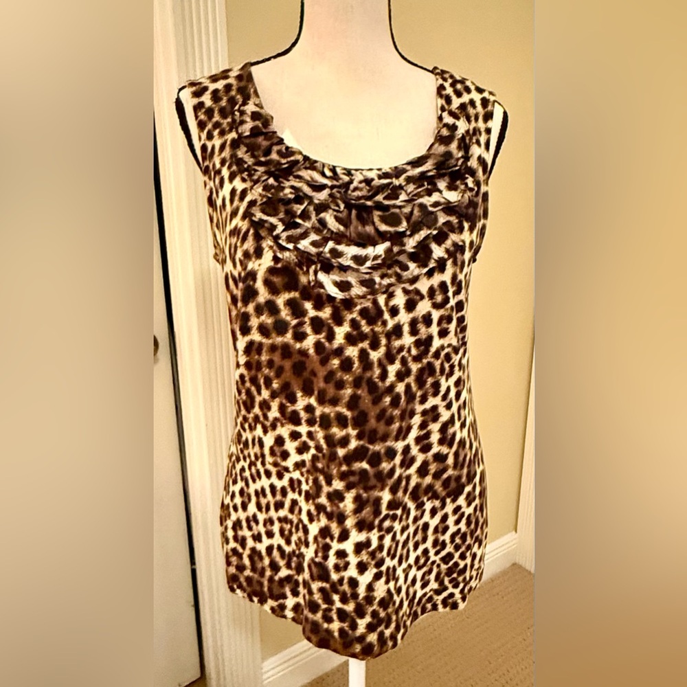 Alfani Black & Brown Leopard Print Ruffled Sleeveless Top, Sz P/M